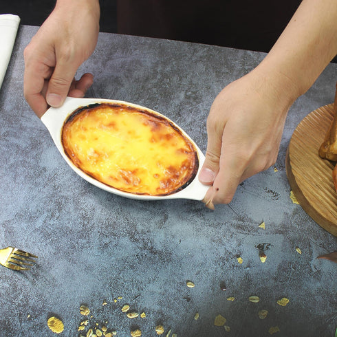 Set of 4 Ceramic Oval Au Gratin Baking Dishes, 7 oz, Oven & Microwave Safe, Double Handle for Kitchen Use
