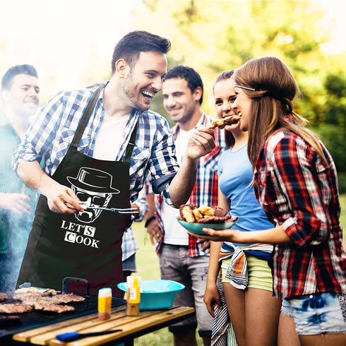 Funny Cooking Aprons for Men - Let’s Cook - Black Chef Grilling BBQ Aprons with 2 Pockets