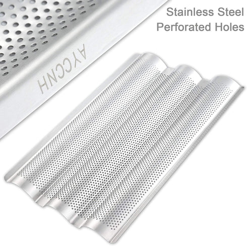 Stainless Steel French Baguette Bread Pan, Perforated Loaf Pans for Baking 15"x10", 3 Waves Toaster Oven Baking Tray (1 Pack) by AYCCNH