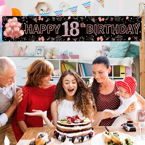 Pimvimcim 18th Birthday Decorations for Girls - Happy 18th Birthday Banner in Rose Gold and Black, Party Supplies
