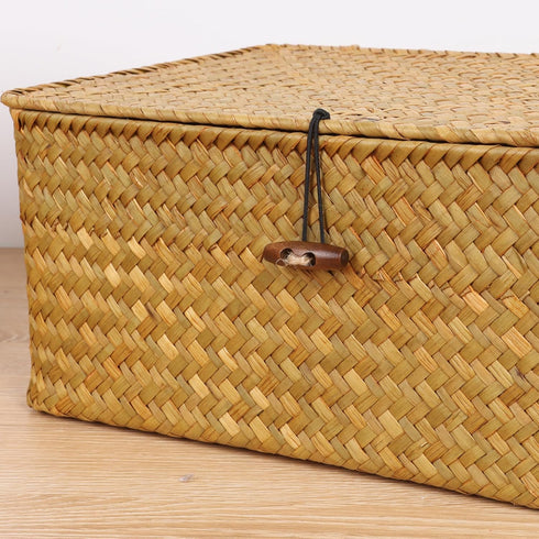 FEIALNDUO Wicker Shelf Baskets with Lid, X-Small Rectangular Handwoven Seagrass Storage Basket Bins for Home Organizer