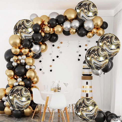 KatchOn Big Black and Gold Marble Balloons, 22 Inch, Pack of 6 for Golden Anniversary, Birthday Decor