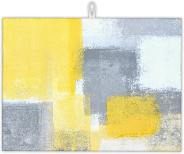 Grey Yellow Dish Drying Mats, 18x24 Inch Ultra Absorbent Microfiber Pad for Kitchen Counter, Abstract Art Dish Rack