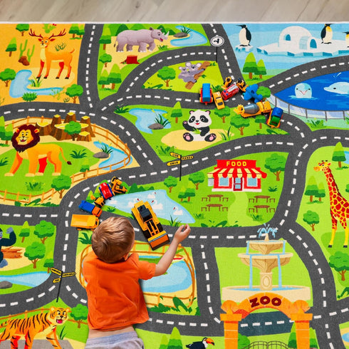 DINSUMRUG Cars,59"X39.4" Car Rugs for Kids Toy Animal Road Rug for Kids,Non Slip Zoo Road Map Cars Track Mat,Washable