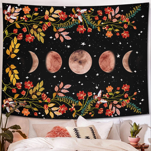 Lifeel Moonlit Garden Tapestry, Black Wall Decor Tapestry with Moon Phase Surrounded by Vines and Flowers 60×80 inches