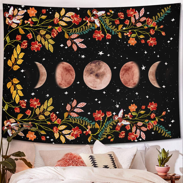 Lifeel Moonlit Garden Tapestry, Black Wall Decor Tapestry with Moon Phase Surrounded by Vines and Flowers 60×80 inches