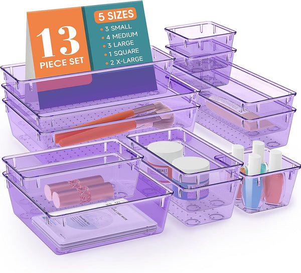 WOWBOX 13 PCS Plastic Drawer Organizer Set, Desk Divider Organizers for Makeup, Jewelry, Gadgets, Kitchen, Bedroom,