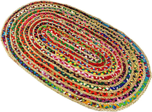 COTTON CRAFT Jute Chindi Braid Rag Rug, 2' x 3' Oval, Multi Color, Handwoven Reversible Natural Recycled Cotton