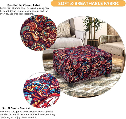 Ottoman Cover Rectangle Printed,Stretch Footstool Slipcover with Elastic Bottom,Soft Fabric Protector for Rectangular