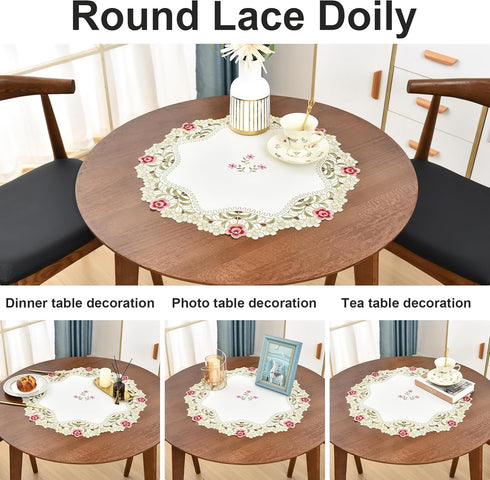 2 Pack 20 Inch Wolkemer Small Round Doily Embroidered Place Mat Lace Table Topper Vintage Beige End Table Cover