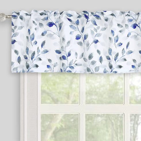 Valance for Windows, Watercolor Leaves Print Rod Pocket, 52 x 14 Inches, Blue/Gray