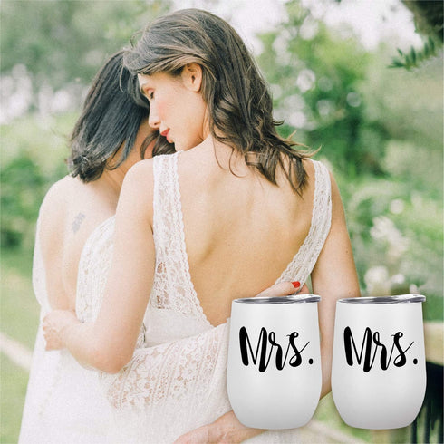 GINGPROUS 2 Pack Mrs and Mrs Wine Tumbler Set, 12 Oz Insulated Stainless Steel Wine Tumblers with Lid, Lesbian Couple