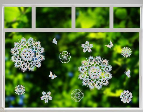 Peacock Tail Flower and Butterfly Window Clings, Anti-Collision Decals to Save Birds from Window Collisions (18PCS)