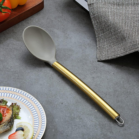 Gold Cooking Spoon, Berglander Non-stick Silicone Solid Serving Spoon Titanium Gold Plating handle, Basting Spoon, Spoon For Cooking, Kitchen Spoon, Dishwasher Safe, Easy to Clean