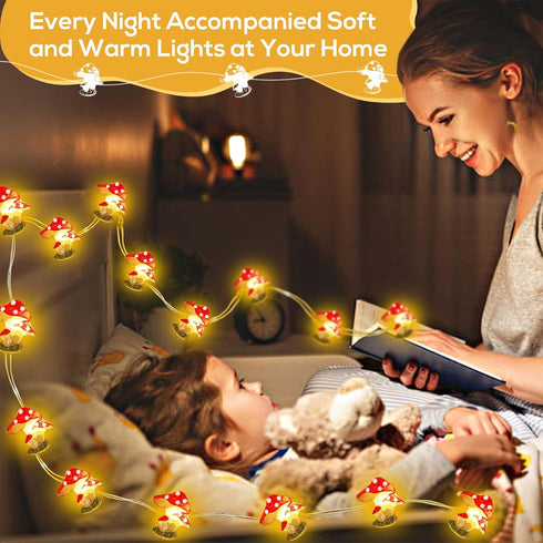 Cute Mushroom Fairy Lights with Timer, 10FT 30LEDs String Lights for Kids Room Decor
