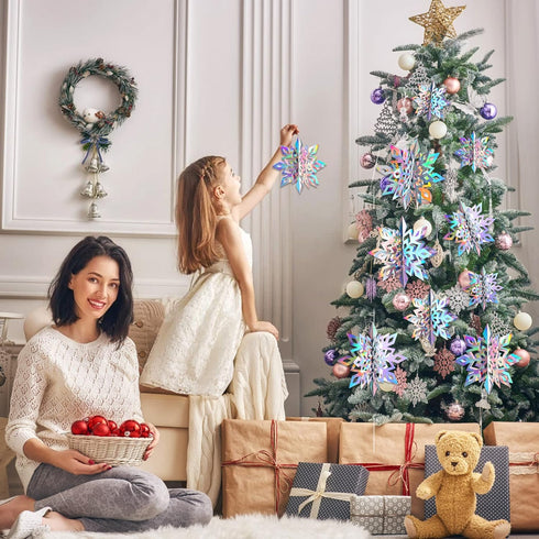 JULMELON 15Pcs Frozen 3D Hanging Snowflakes Decorations, Holographic Silver Snowflakes for Winter Wonderland Party