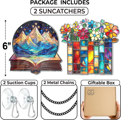 2 6" SS345 Book Floral Shelf Suncatchers Window Hanging Acrylic Ornaments Back to School Teacher Appreciation Gift