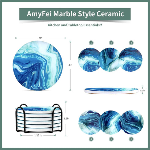 6 Sets set Cups(4 Inches) Ceramic Marble Coasters, of Round Tea Coasters with Holder on Dark Blue White, Durable Cup