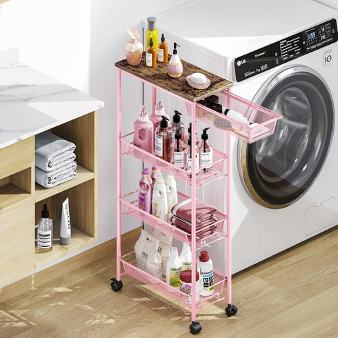 KINGRACK 4-Tier Slim Storage Cart, Metal Rolling Cart, Organizer with Wooden Tabletop