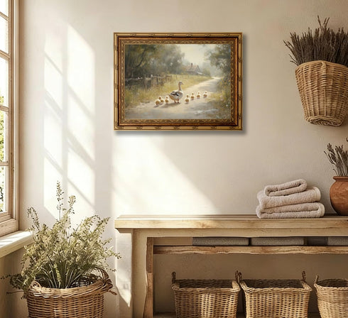 xikafou 3D Countryside Textured Canvas Wall Art Vintage Carved Gold Frame Duck With Ducklings Farmhouse Vintage Relief