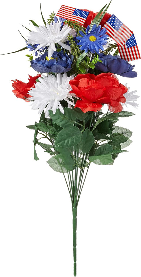 Admired By Nature Artificial Blooming Peony & Gerbera Daisy - 18 Stems with Small American Flags, Red/Blue/White