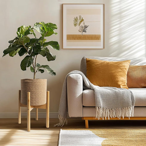 WILLITAT Plant Basket with Stand, Indoor Round Wicker Basket Plant with Bamboo Wood Stand, Decorative Woven Rope Flower