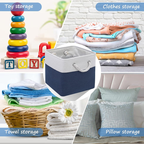 Cube Storage Baskets, 6 Pack 11x11 inch with Cotton Handles for Closet, Shelves, Clothes, Toys (White/Navy Blue)