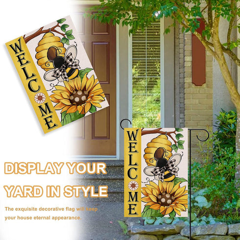 Welcome Spring Summer Bumble Bee Sunflower Garden Flag, Double Sided Outdoor Decorations with Buffalo Plaid Bow