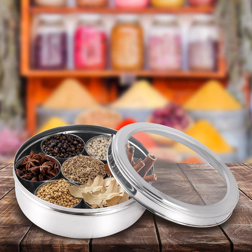 7 7 KSJONE Seasoning Box, Compartments and Spoons Seasoning Rack Spice Pots, Storage Container Condiment Jars Stainless