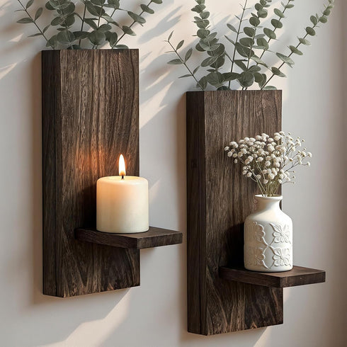 Treory Wood Wall Planter Set of 2, Wooden Wall-Mounted Vase with Shelf for
