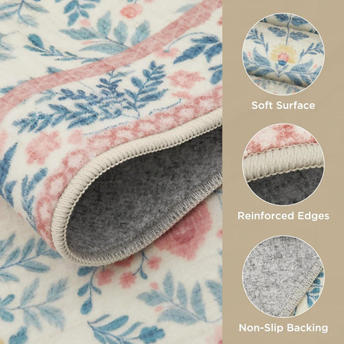 5x7 Joydeco Boho Floral Light Pink Area Rugs for Bedroom Girls Playroom, Machine Washable Kids Room Nursery Rug Non
