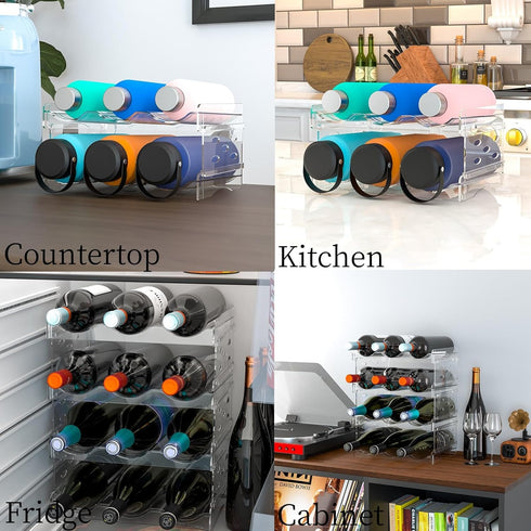 Water Bottle Organizer for Cabinet, 4 Pack Clear Plastic Storage Rack for Pantry Kitchen Countertop