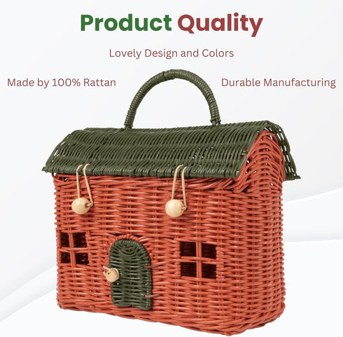 KOLWOVEN Rattan Storage Basket with Lid - Mouse in a Box - Small Doll House - Decorative Hand Woven Shelf Organizer