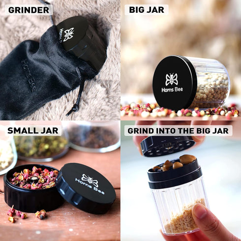 Horns Bee 2.2'' Herb Grinder Containers - Multipurpose Metal Spice Mill with Stash Jar, All-in-One Air Tight Sealable