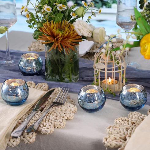 Set 12, Volens Round Blue Votive Candle Holders of Blue Wedding Centerpiece Table Decorations, Mercury Glass Tealight