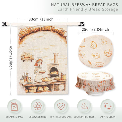 JOYCUDDLE 2 Packs Beeswax Bread Bags for Homemade Bread with Proofing Cover - XL Linen Reusable Sourdough Bags