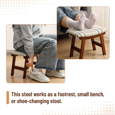 Bamboo Footrest Ottoman with Beige Striped Cushion and Brown Legs - Small Size