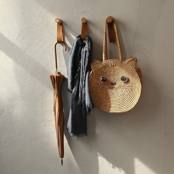Wooden Hooks with Leather for Wall Mounted Single Hangers, Handmade Craft for Coats, Hat, Bags Rack (3pcs, Oak)