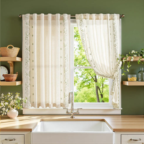 jinchan Winslow Linen Curtains 45 Inch Length Small Window Curtains Embroidered Bordered