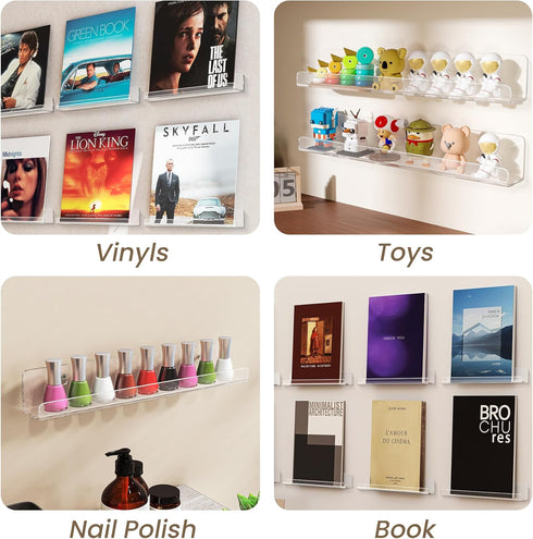 8 Pack 12 inch Album Gotega Vinyl Record Shelf Wall Mount, Record Holder Display, Clear Acrylic Floating Shelves