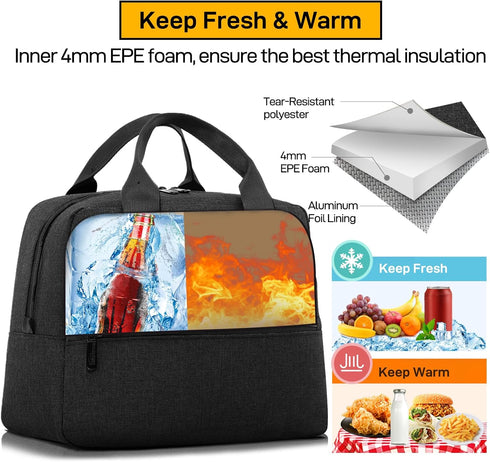 HOMESPON Insulated Lunch Bag for Women Men Cooler Lunch Box Tote for Work Picnic (Black)