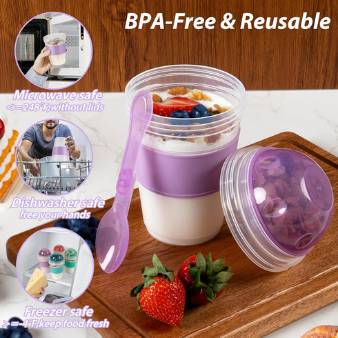 4 Pack 20 oz Freshmage Yogurt Parfait Cups with Lids, Reusable Overnight Oats Containers with Lids, Folding Spoons