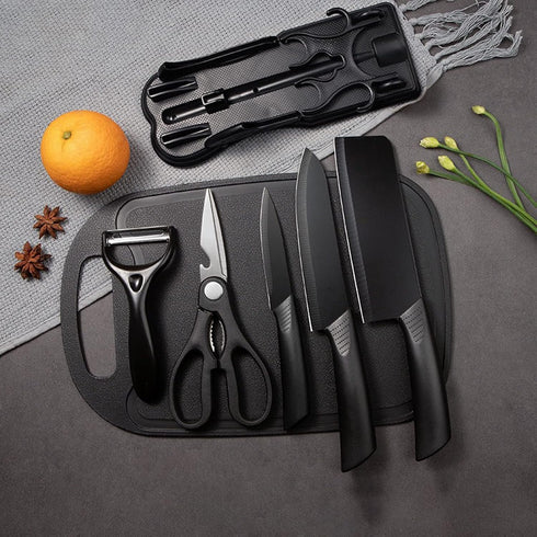Magicorange 7-Piece Kitchen Knife Set - 5 Black Stainless Steel Knives with Sheaths, Cutting Board, Knife Block