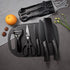 Magicorange 7-Piece Kitchen Knife Set - 5 Black Stainless Steel Knives with Sheaths, Cutting Board, Knife Block