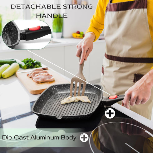 Moss & Stone 11In Square Grill Pan, Nonstick Die Casting Aluminum, Removable Handle for Indoor Cooking, Meats &