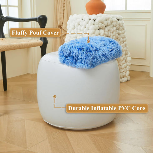 XeGe Fluffy Faux Fur Inflatable Pouf Ottoman, Soft Shaggy Fuzzy Foot Stool, Plush Furry Foot Rest Floor Pouf Anti-Slip