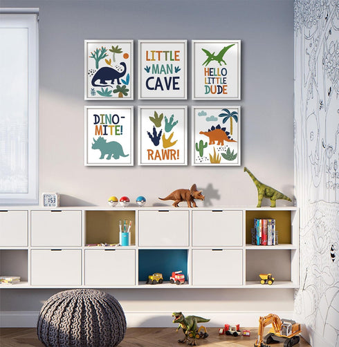 6 Pack 8x10 Inch, ArtbyHannah Dinosaur Nursery Decor,Framed Dinosaur Wall Art for Boys Room, Cute Baby Bedroom Wall