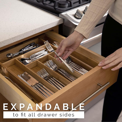 Masirs Expandable Bamboo Kitchen Drawer Organizer - Durable Construction, Ideal for Silverware, Utensils, and Office