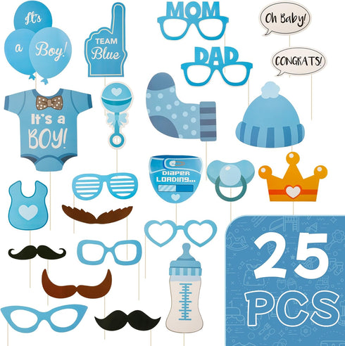 LASLU It's A Boy Baby Shower Party Photo Booth Props Set, 25pcs on Sticks