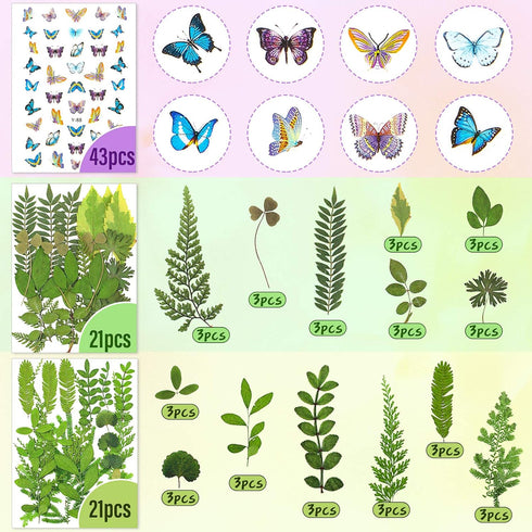 Nuanchu 223 Pcs Real Dried Pressed Flowers for Crafts, Natural Dried Leaves and Butterfly Stickers Set for DIY Resin